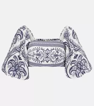 Тропическая блузка из льна с принтом "камея" Farm Rio, Blue Tropical Cameo Off-White