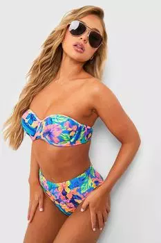 Тропическое бикини с высокой посадкой на косточках Boohoo, синий
