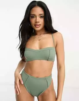 Трусики бикини цвета хаки с завышенной талией и швами ASOS