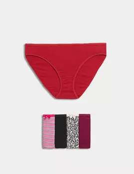 Трусики бикини из хлопка и лайкры с принтом, 5 шт. Marks & Spencer, розовый
