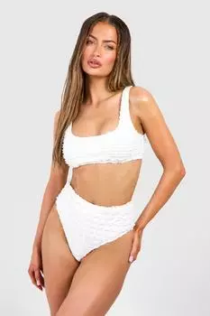 Трусики бикини с высокой талией и фактурной оборкой boohoo, белый