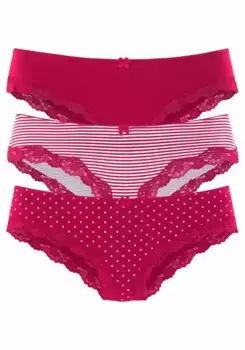 Трусики LASCANA (3 шт.) из эластичного хлопка с нежным кружевом, цвет Rot-Gestreift, Uni, Gepunktet