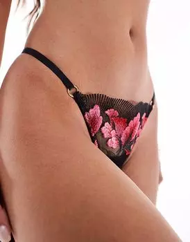 Трусики-стринги Bluebella Vivienne Lace с вышитыми розовыми цветами в черном цвете