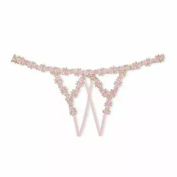 Трусики-стринги Victoria's Secret Dream Angels Rosebud Embroidery Crotchless, бежевый/розовый