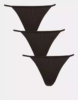 Трусики-стринги Weekday в рубчик, 3 шт., темно-коричневого цвета