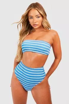 Трусы бикини с высокой талией и жатым полосками boohoo, синий