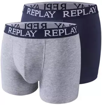 Трусы-боксеры Replay "BOXER Style 01/C Basic Cuff Logo 2pcs Box" (2 шт. в упаковке), с надписью логотипа на эластичном поясе, цвет Grau / Blau