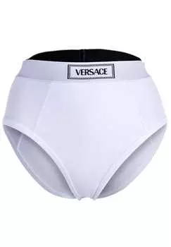 Трусы с высоким вырезом на бедре с высоким логотипом на талии трикотаж в рубчик хлопок стрейч Versace, белый