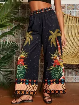 TRVLCHIC Широкие брюки с тропическим праздником, пальмой, попугаем и цветочным принтом Shein, мультиколор