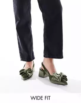 Туфли ASOS Wide Fit Symphony из бархата серо-зеленого цвета с бантом, ремешком на пятке и средним каблуком, широкая посадка