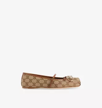Туфли-Балетки Gg-Monogram horsebit из парусины Gucci, бежевый