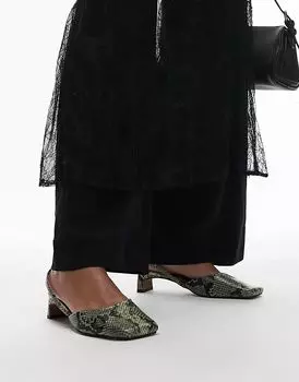 Туфли Diana на среднем каблуке с квадратным носком и принтом змеи цвета хаки Topshop