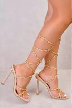 Туфли Ellie на каблуке со шнуровкой и несколькими ремешками-цепочками на носке Where's That From, нюд