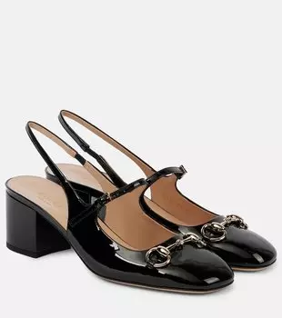 Туфли-лодочки Horsebit 55 на ремешке из лаковой кожи Gucci, Nero/Nero