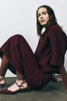 Туфли-лодочки из замши на каблуке-рюмочке ZARA, бордовый красный