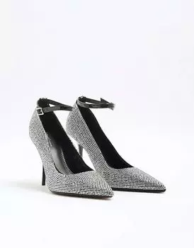 Туфли-лодочки на каблуке с кристаллами черного цвета River Island