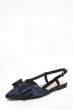 Туфли-лодочки на плоской подошве с ремешком на пятке темно-синего цвета с атласным бантом QUIZ Clothing