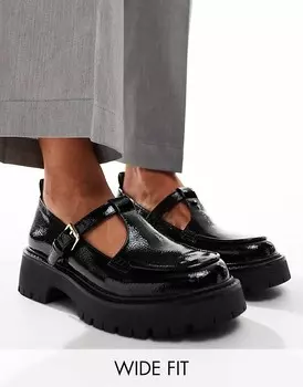 Туфли London Rebel Tilly Mary Jane черного мятого цвета, на толстой подошве, широкого кроя