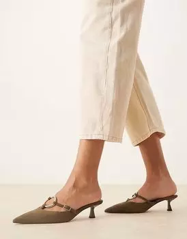 Туфли-мюли ASOS DESIGN Shay на каблуке-рюмочке из замши цвета хаки с кольцевой отделкой