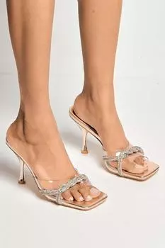 Туфли-мюли Galee на каблуке из плексигласа с плетеной отделкой и стразами Miss Diva, золото