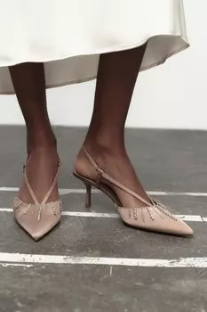 Туфли на каблуке со стразами ZARA, бежевый