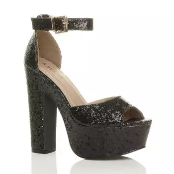 Туфли на высоком блокированном каблуке с ремешком на щиколотке, блестящие туфли с открытым носком, состоящие из 2 частей AJVANI, черный