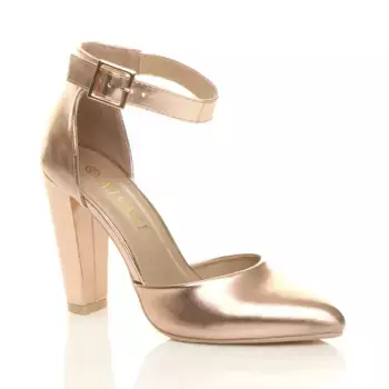 Туфли на высоком блокированном каблуке с ремешком на щиколотке, заостренный носок, 2 части каблука AJVANI, розовое золото