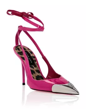 Туфли на высоком каблуке с декольте из лакированной кожи и кристаллом черепа Philipp Plein, фуксия