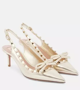 Туфли Rockstud Bow из кожи с открытой пяткой Valentino Garavani, цвет platino