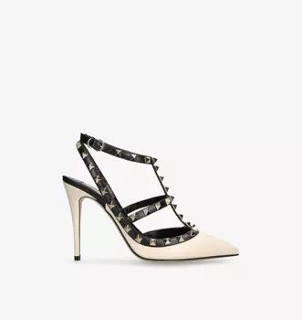 Туфли Rockstud из двухцветной лакированной кожи на каблуке Valentino Garavani, бежевый