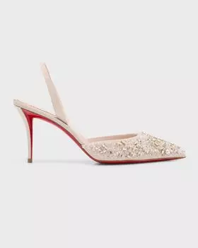 Туфли с пяткой на пятке на красной подошве Queenissima с украшением Christian Louboutin, цвет Leche/Crystal