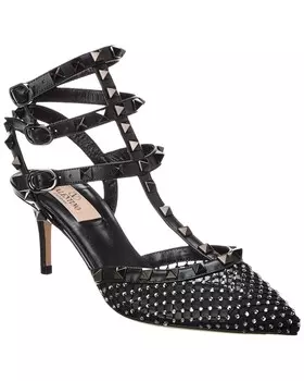 Туфли Valentino Rockstud Caged 65 из сетки и кожи с ремешком на щиколотке, черный
