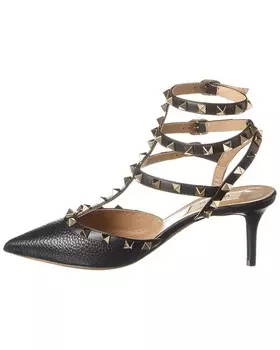 Туфли Valentino Rockstud Caged 65 из зернистой кожи с ремешком на щиколотке, черный