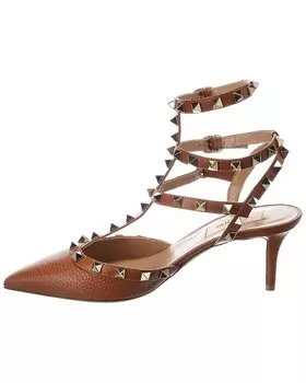 Туфли Valentino Rockstud Caged 65 из зернистой кожи с ремешком на щиколотке, коричневый