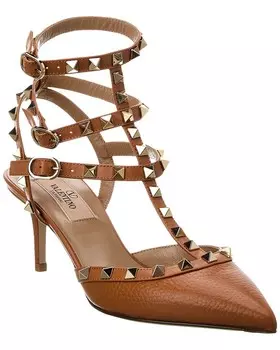 Туфли Valentino Rockstud Caged 65 из зернистой кожи с ремешком на щиколотке, бежевый