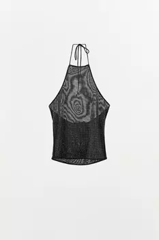 Тюль-топ с халтернеком и стразами ZARA, черный