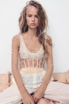 Тюль-топ со стразами ZARA, бежево-розовый