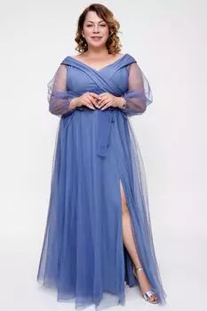 Тюлевое длинное платье больших размеров на шнуровке с рукавами-фонариками и поясом, темно-синее By Sayg, синий