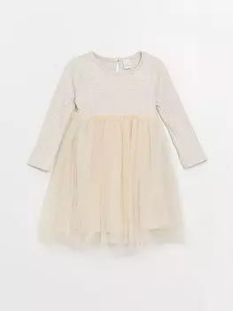 Тюлевое платье с круглым вырезом и длинными рукавами для маленьких девочек LCW baby, кремового цвета
