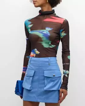 Тюлевый топ с высоким воротником и принтом бабочки Moschino Jeans, цвет Multi Black