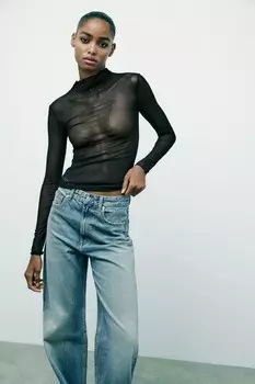 Тюлевый топ с высоким воротом ZARA, черный