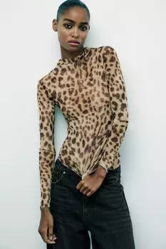 Тюлевый топ с высоким воротом ZARA, цвет leopard