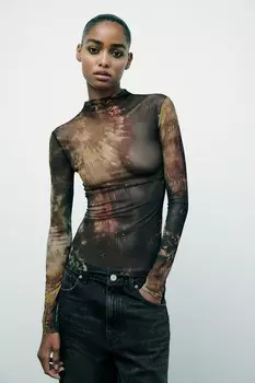 Тюлевый топ с высоким воротом ZARA, хаки