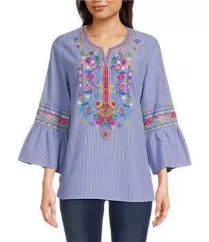 Туника Calessa с V-образным вырезом и вышивкой, рукавами 3/4, синий