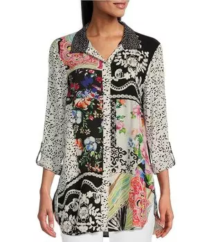Туника John Mark Petite Size с вышитым воротником с несколькими точками, рукавами 3/4 и пуговицами спереди, мультиколор