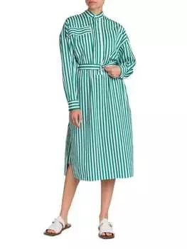 Туника Plan C из хлопкового поплина в полоску с поясом, зеленый/белый