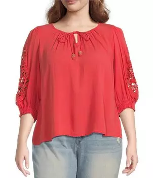 Туника размера плюс Джессика Симпсон с овальным вырезом, рукавами-колокольчиками и проушинами, с завязками Сивиллы Jessica Simpson, красный