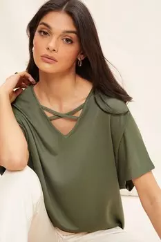 Туника с длинными рукавами из мягкого трикотажа и V-образным вырезом Friends Like These, хаки