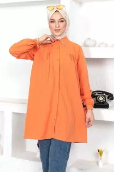 Туника с каменной деталью на воротнике Tsd230107 Оранжевый Tesettr Dnyas