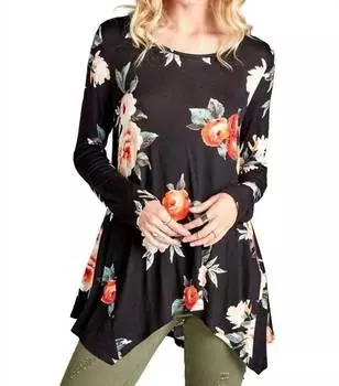 Туника Swing с цветочным принтом и шнуровкой черного цвета Oddi